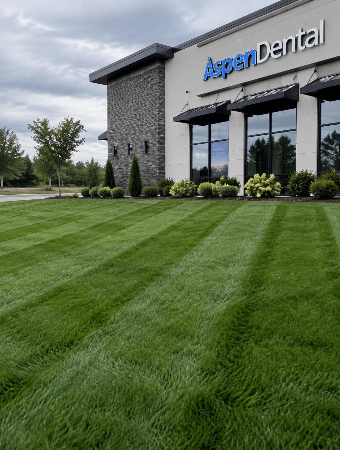 Freshly striped commercial lawn in front of a retail property